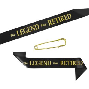 JPACO The Legend Has Retired Sash – Elegant Black and Gold Foil Legendary Sash for Both Women and Men & a Large Gold Safety Pin. Perfect for Retirement Parties