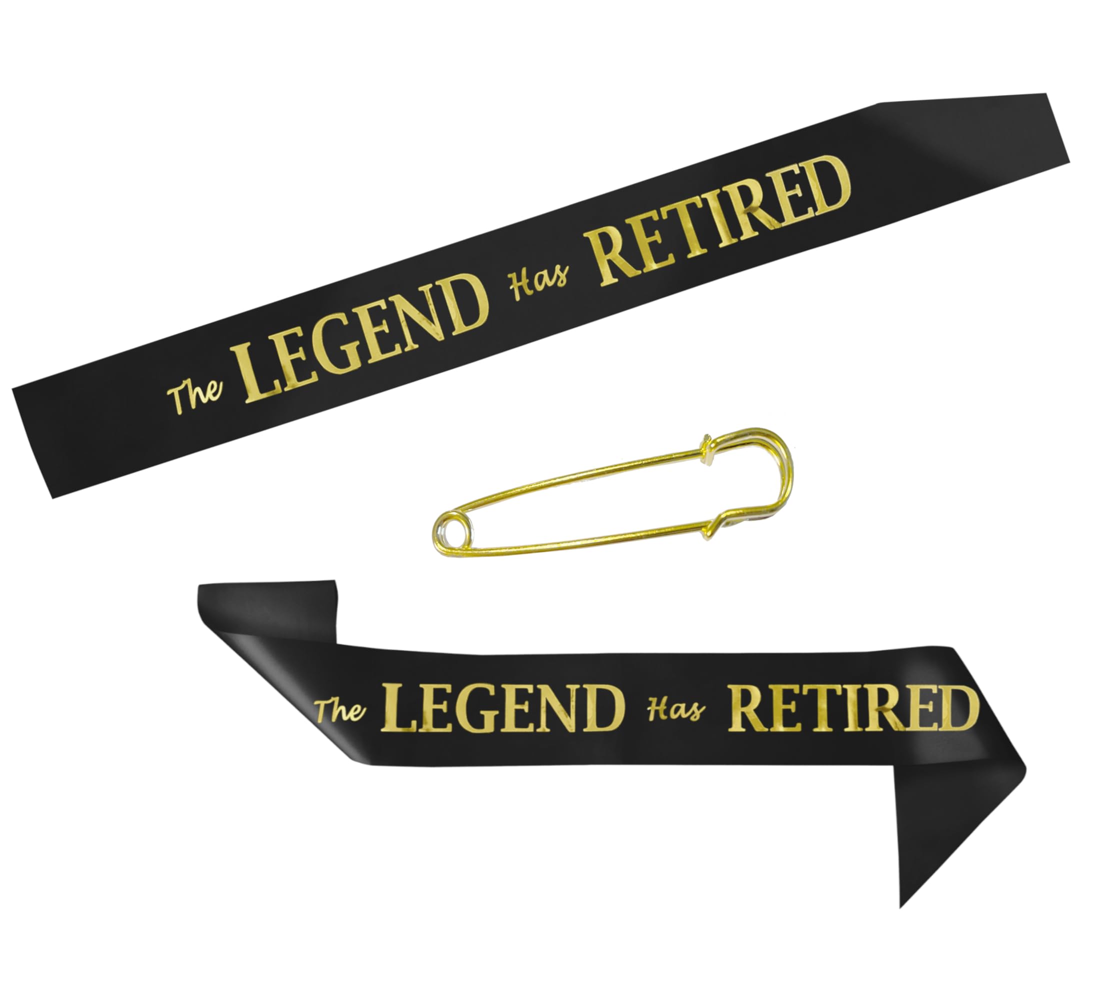 JPACO The Legend Has Retired Sash – Elegant Black and Gold Foil Legendary Sash for Both Women and Men & a Large Gold Safety Pin. Perfect for Retirement Parties