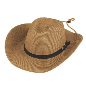 Straw Cowboy Hat for Men Women Beach Sun Hat Wide Brim Panama Fedora Hat Outdoor Foldable Summer Straw Hat Western Style (Khaki)