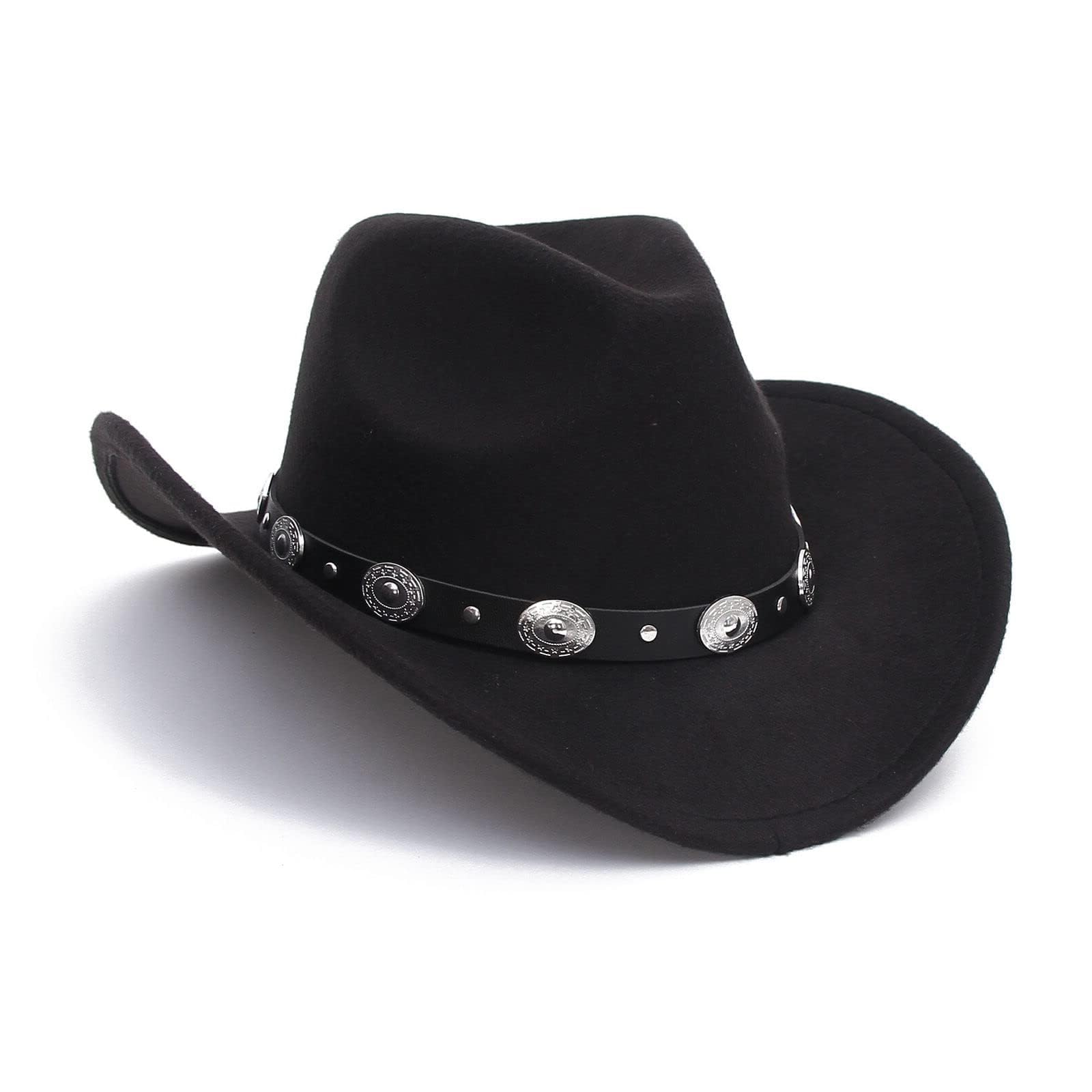 Classic Western-Cowboy-Hat for Women and Men - Wide Brim Roll Up Fedora-Hat Felt Cowboy Cowgirl Hat Fit for M-L (US, Numeric, 7, Black-3)