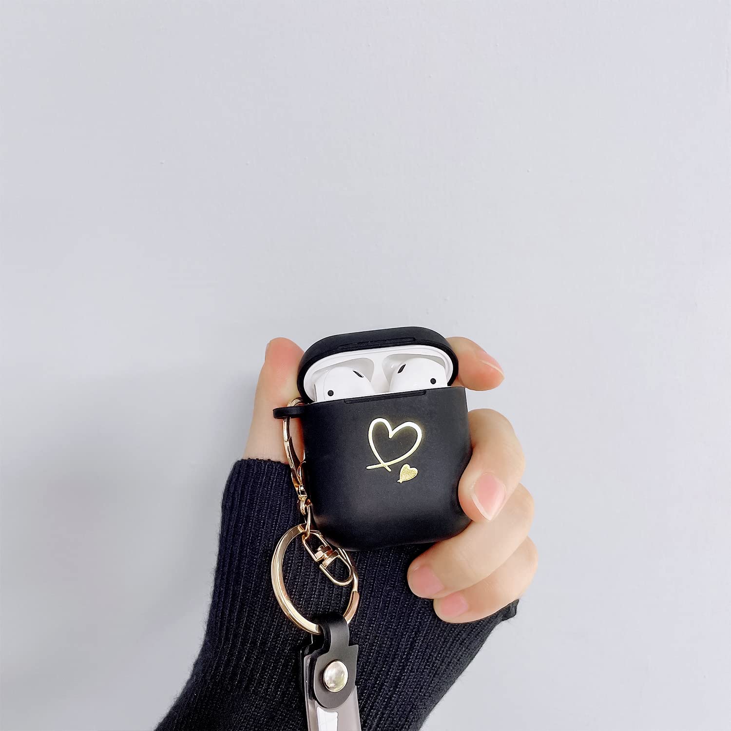 Ownest Compatible with AirPods Case Soft TPU with Gold Heart Pattern Cute Fruit Flowers Keychain Shockproof Cover Case for Girls Woman Airpods 2 &1-Black