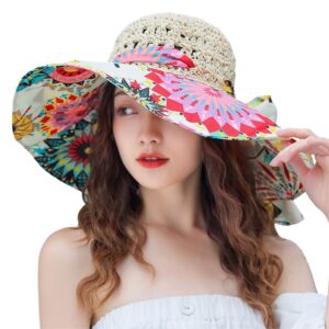 peninsula love summer anti-uv wide brim beach hats women flower floppy foldable roll up cap beige