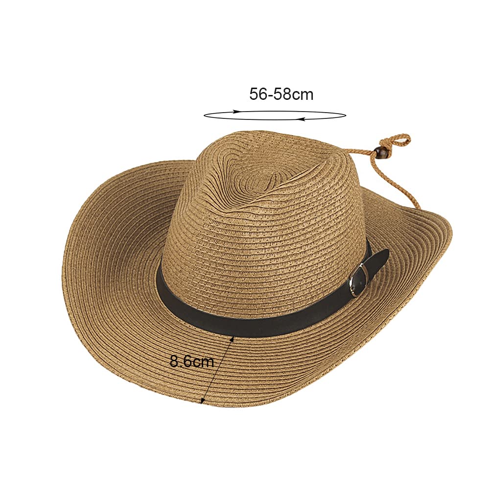 Straw Cowboy Hat for Men Women Beach Sun Hat Wide Brim Panama Fedora Hat Outdoor Foldable Summer Straw Hat Western Style (Khaki)