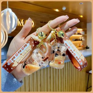 HSYHERE Men Women Creative Interesting Floating Milk Tea Brown Bear Lucky Bottle Keychain Keyrings, Bubble Moving Liquid Sand Car Chain Key Ring Bag Pendant Key Holder -Water Bottle