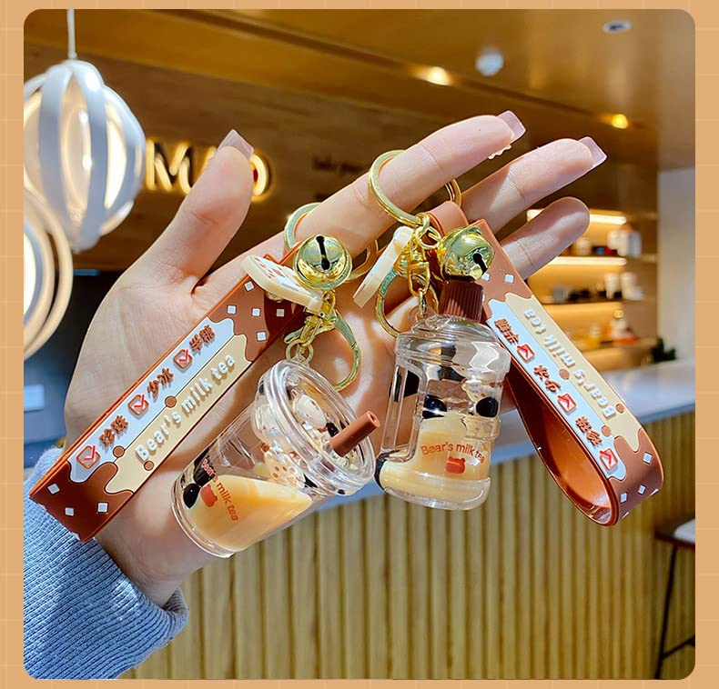 HSYHERE Men Women Creative Interesting Floating Milk Tea Brown Bear Lucky Bottle Keychain Keyrings, Bubble Moving Liquid Sand Car Chain Key Ring Bag Pendant Key Holder -Water Bottle