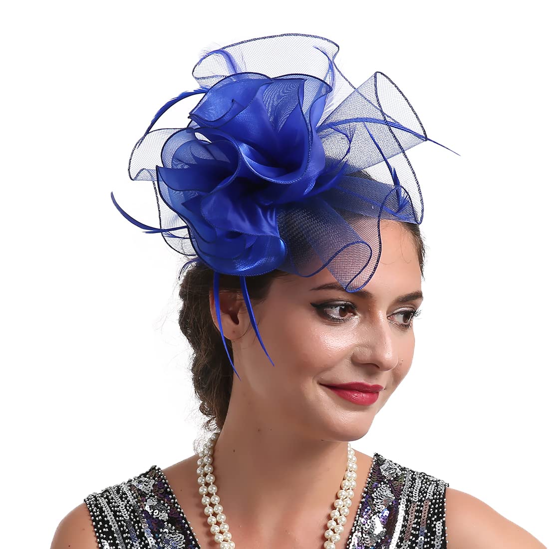 Women Fascinators Organza Fascinators 20S Party Hat Wedding Tea Party Fascinator Pillbox Hat with Headband Hairclip Royal Blue