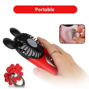 DECVO Cute Personal Mini Fan, Handheld & Portable USB Rechargeable Fan with Beautiful LED Light, 3 Adjustable Speeds, Portable Holder, for Indoor Or Outdoor Activities, Cute Mouse 2 Pack (Red+Yellow)