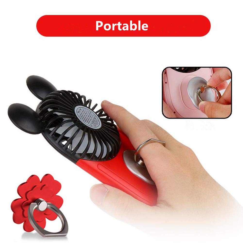 DECVO Cute Personal Mini Fan, Handheld & Portable USB Rechargeable Fan with Beautiful LED Light, 3 Adjustable Speeds, Portable Holder, for Indoor Or Outdoor Activities, Cute Mouse 2 Pack (Red+Yellow)