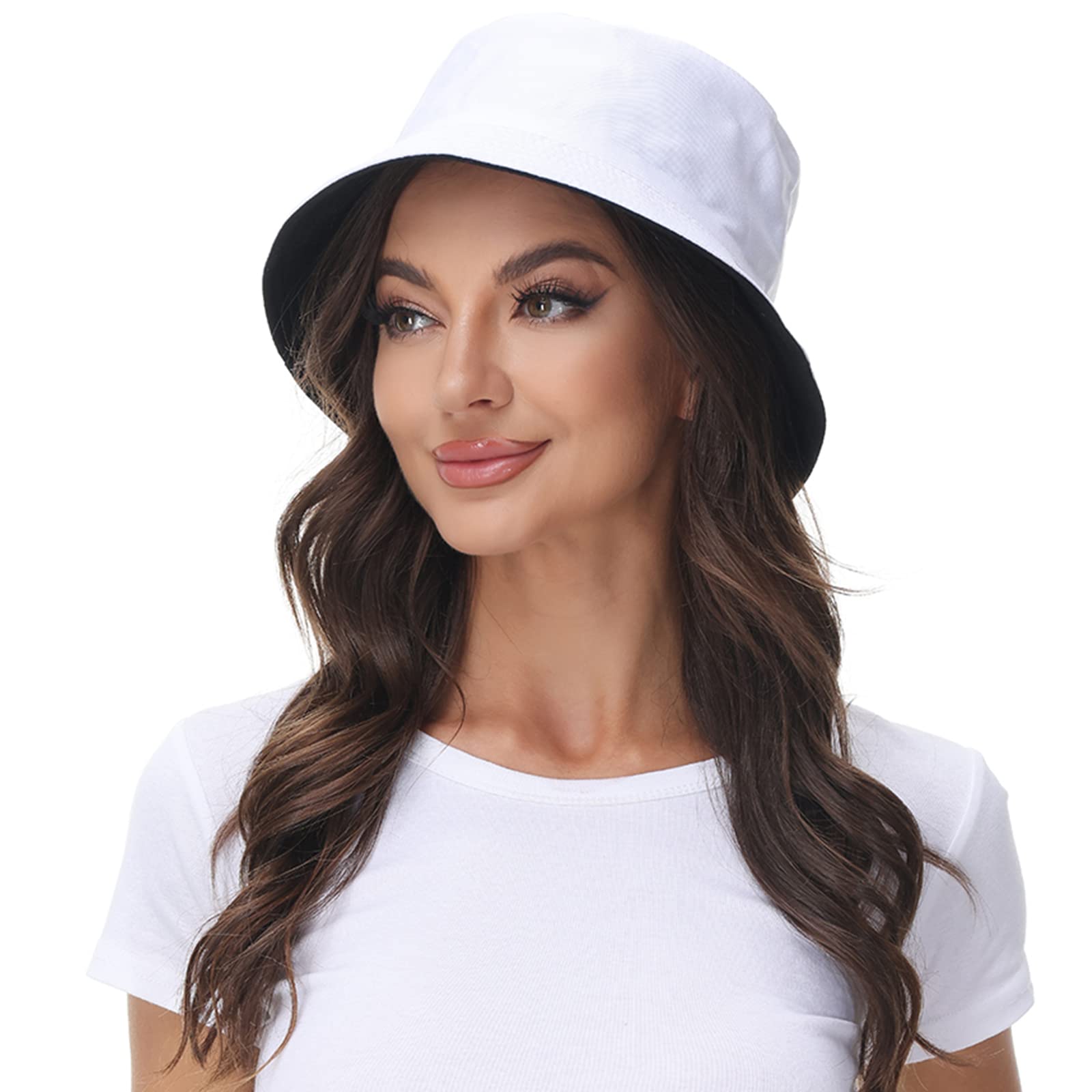 Women Reversible Bucket Hat, Summer Sun Hat for Women, Black- White