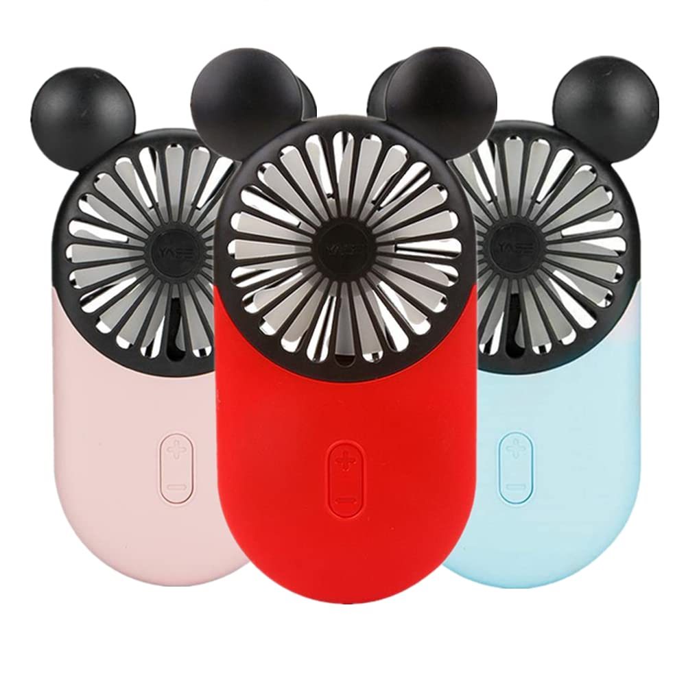 Kbinter Cute Personal Mini Fan, Handheld & Portable USB Rechargeable Beautiful LED Light, 3 Adjustable Speeds, Holder, for Indoor Outdoor Activities,Cute Mouse 3 Pack (Red+Pink+Blue)