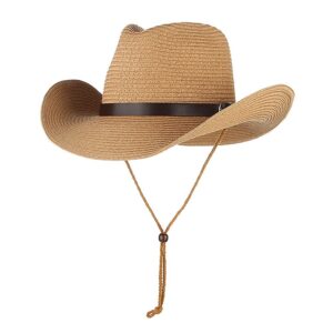 Straw Cowboy Hat for Men Women Beach Sun Hat Wide Brim Panama Fedora Hat Outdoor Foldable Summer Straw Hat Western Style (Khaki)