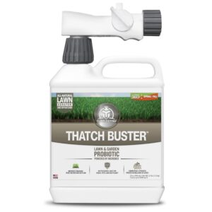 turf titan thatch buster with hose end sprayer – natural lawn aerator and grass dethatcher – probiotic solution for improved lawn drainage, soil health, and strength (32oz)