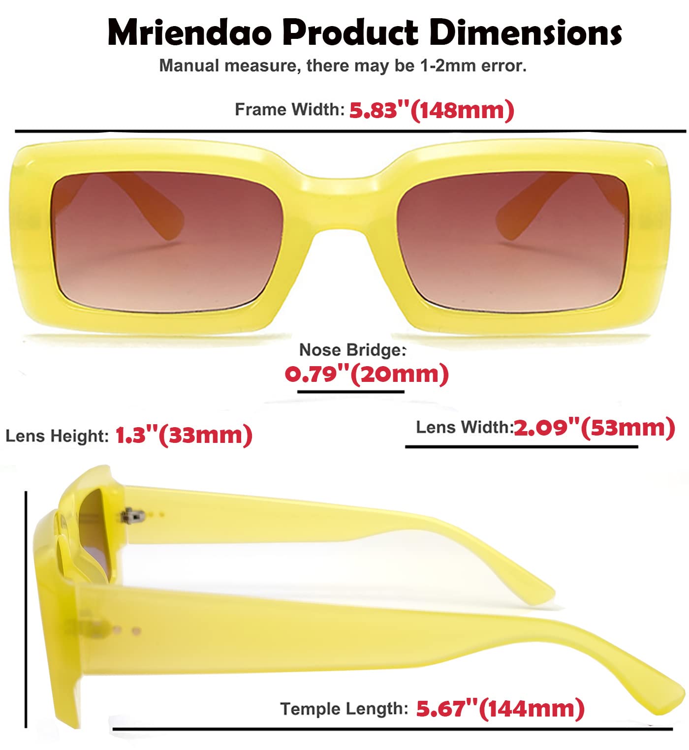 Mriendao Yellow Sunglasses for Women Men, Retro 90s Rectangle Sun Glasses Shades, Fashion Yellow Accessories