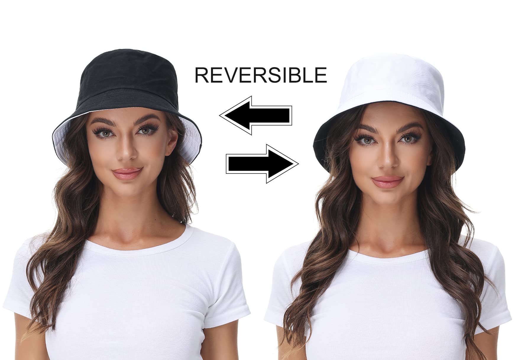 Women Reversible Bucket Hat, Summer Sun Hat for Women, Black- White