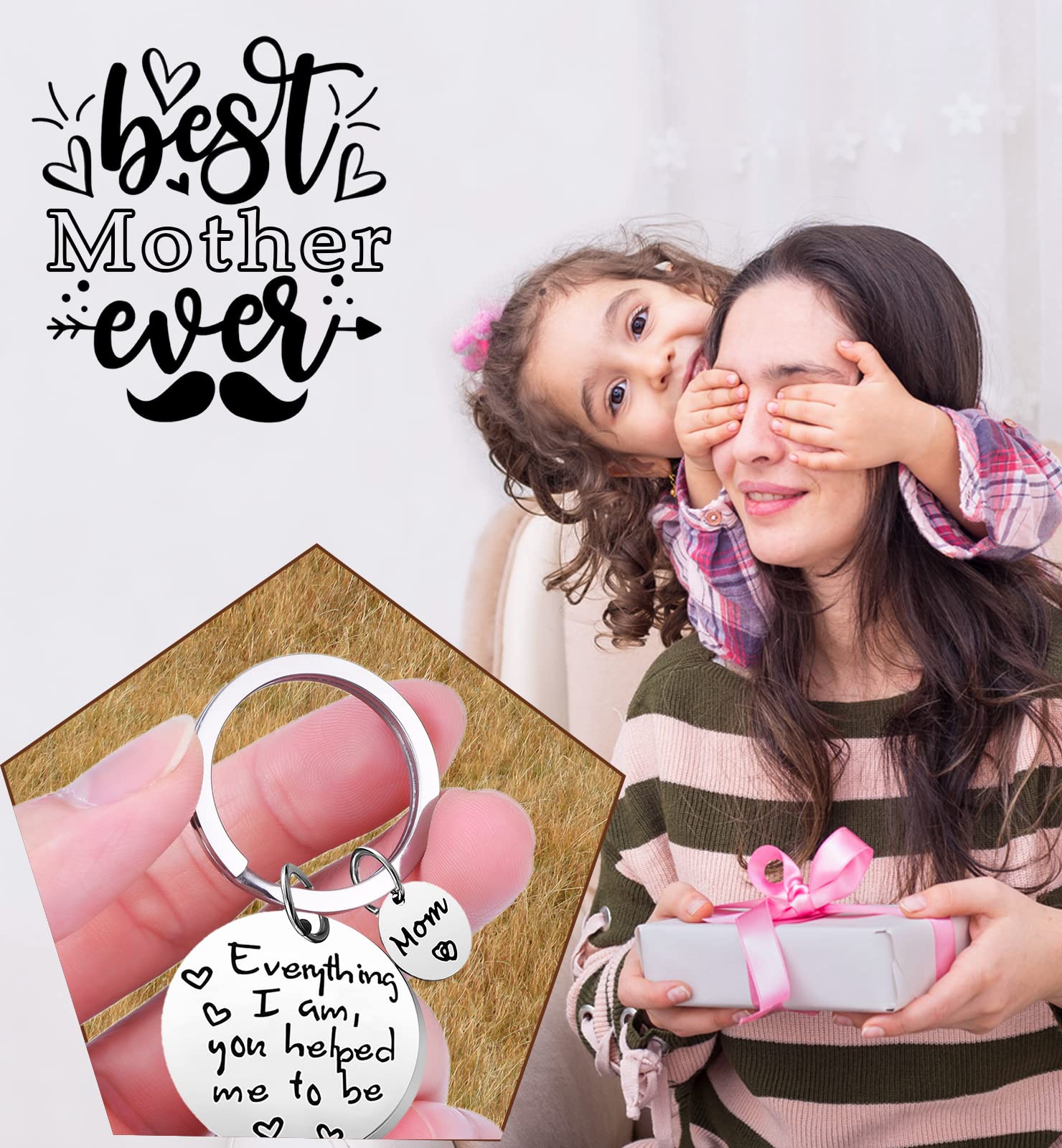 Mothers Day Keychain from Daughter, Mom Keychain Gift for Birthday Christmas - Everything I am You Helped Me to be