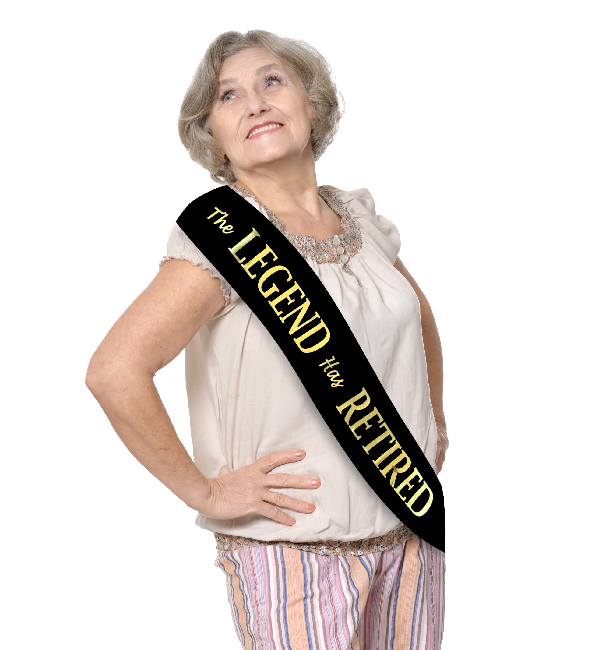 JPACO The Legend Has Retired Sash – Elegant Black and Gold Foil Legendary Sash for Both Women and Men & a Large Gold Safety Pin. Perfect for Retirement Parties