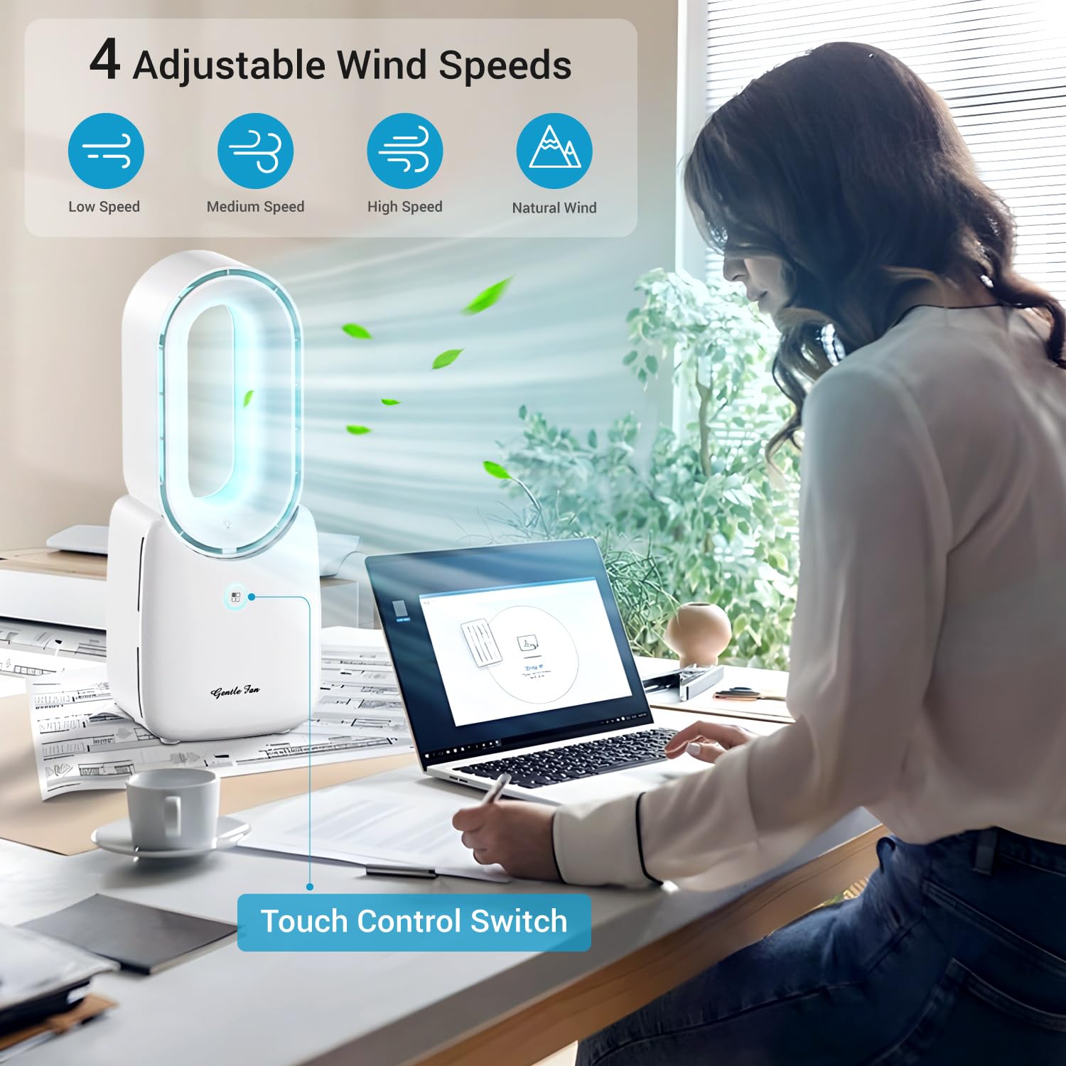 Elyss Desk Fan Tower Small Bladeless Fan,Air Circulator 4 Winds 5 Lights,11.8 Inch Portable with Battery Rechargeable Quiet Table Air Cooler,Desk Cooler Personal Nightstand WHITE AAAFAN