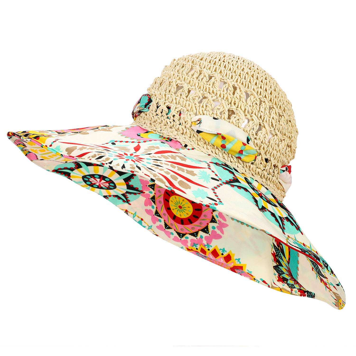 PENINSULA LOVE Summer Anti-UV Wide Brim Beach Hats Women Flower Floppy Foldable Roll up Cap Beige