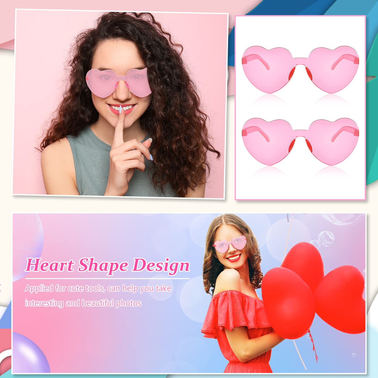 60 Pairs Heart Sunglasses Pink Heart Shaped Rimless Sunglasses Transparent Heart Frameless Glasses Candy Color Heart Sunglasses for Party Favor Cosplay