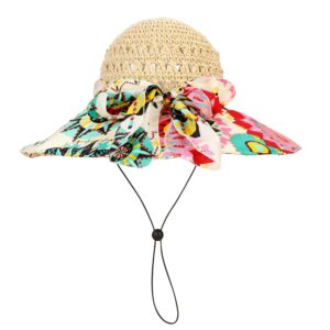 PENINSULA LOVE Summer Anti-UV Wide Brim Beach Hats Women Flower Floppy Foldable Roll up Cap Beige