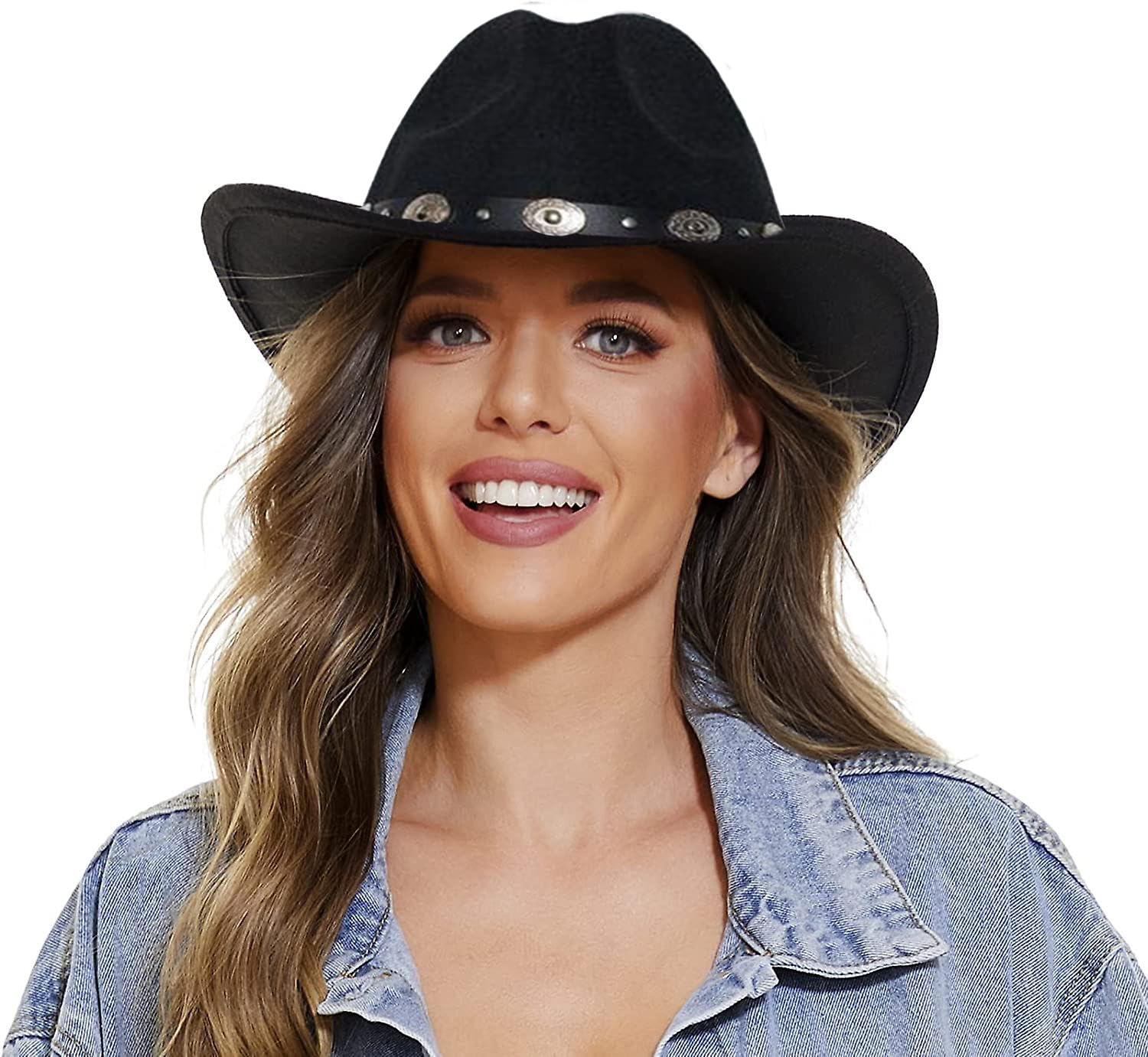 Classic Western-Cowboy-Hat for Women and Men - Wide Brim Roll Up Fedora-Hat Felt Cowboy Cowgirl Hat Fit for M-L (US, Numeric, 7, Black-3)