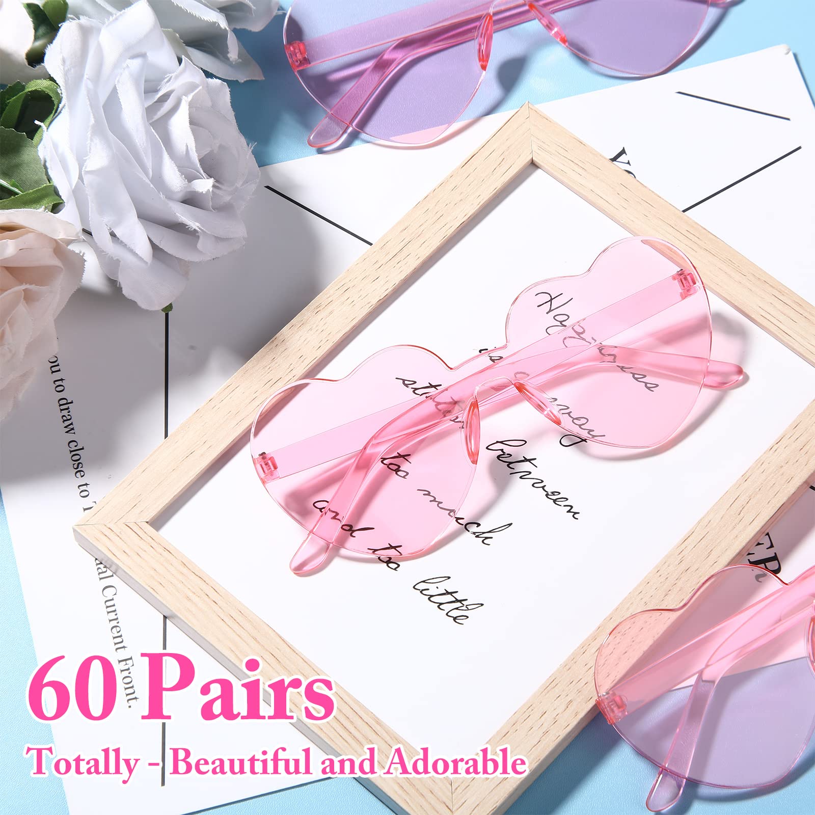 60 Pairs Heart Sunglasses Pink Heart Shaped Rimless Sunglasses Transparent Heart Frameless Glasses Candy Color Heart Sunglasses for Party Favor Cosplay