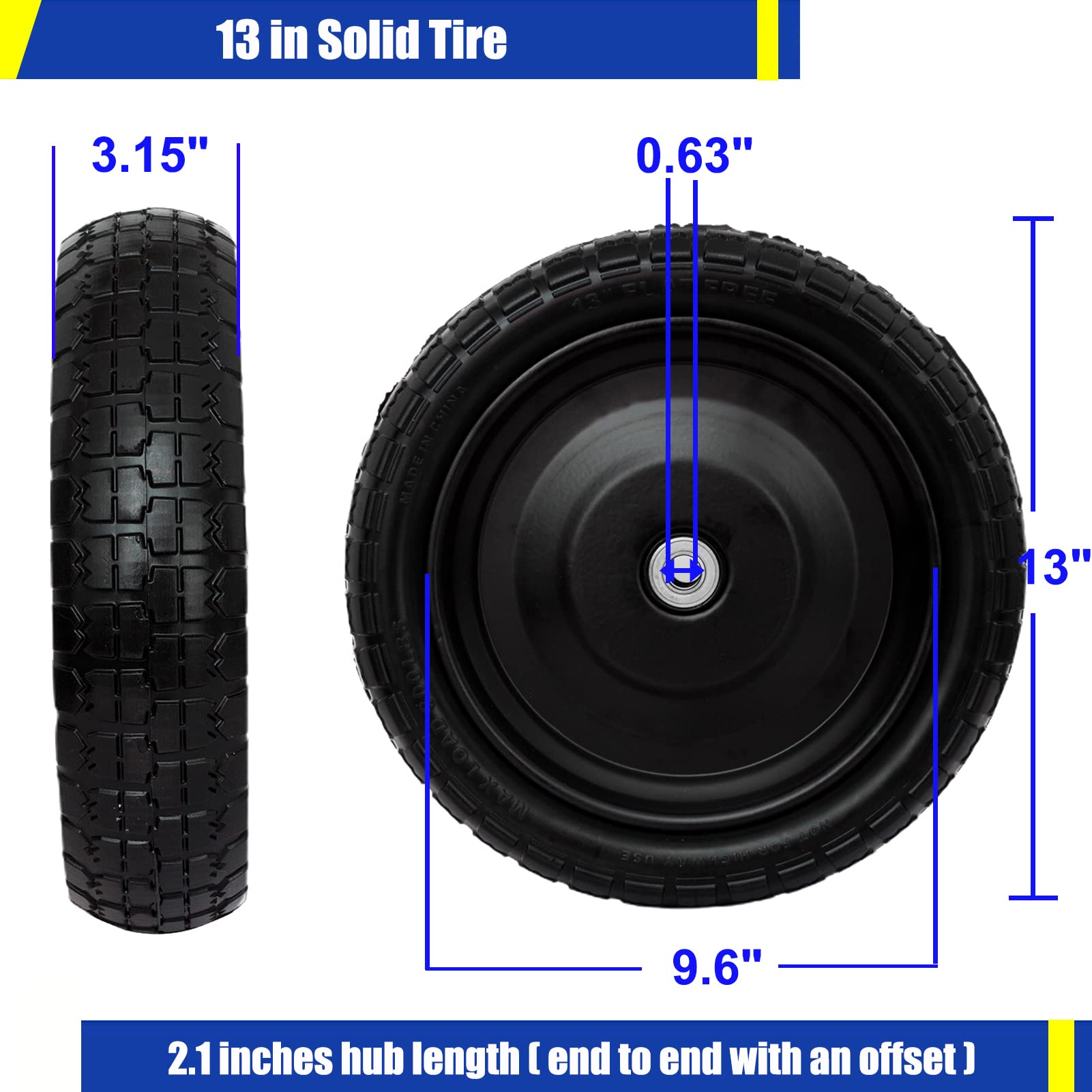 13” Flat-Free Tires for Cart,Solid Polyurethane Wheels for Hand Truck Garden Cart Trolleys,with 5/8” Axle 2.16” Offset Hub 3.15” Tire Width 600 lbs Capacity, 2pack