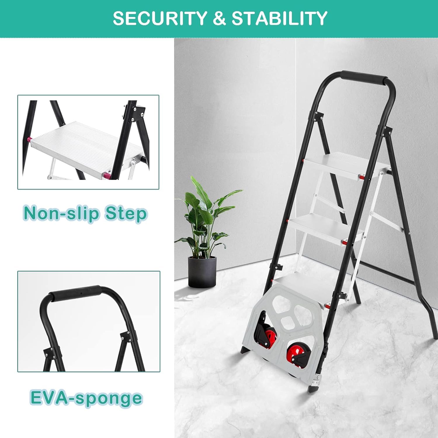 LEADALLWAY 3 Step Ladder Dolly Cart 2-in-1 Portable No-Slip Folding Step Stool