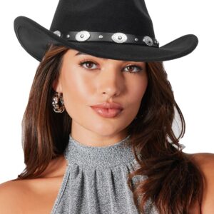 Classic Western-Cowboy-Hat for Women and Men - Wide Brim Roll Up Fedora-Hat Felt Cowboy Cowgirl Hat Fit for M-L (US, Numeric, 7, Black-3)