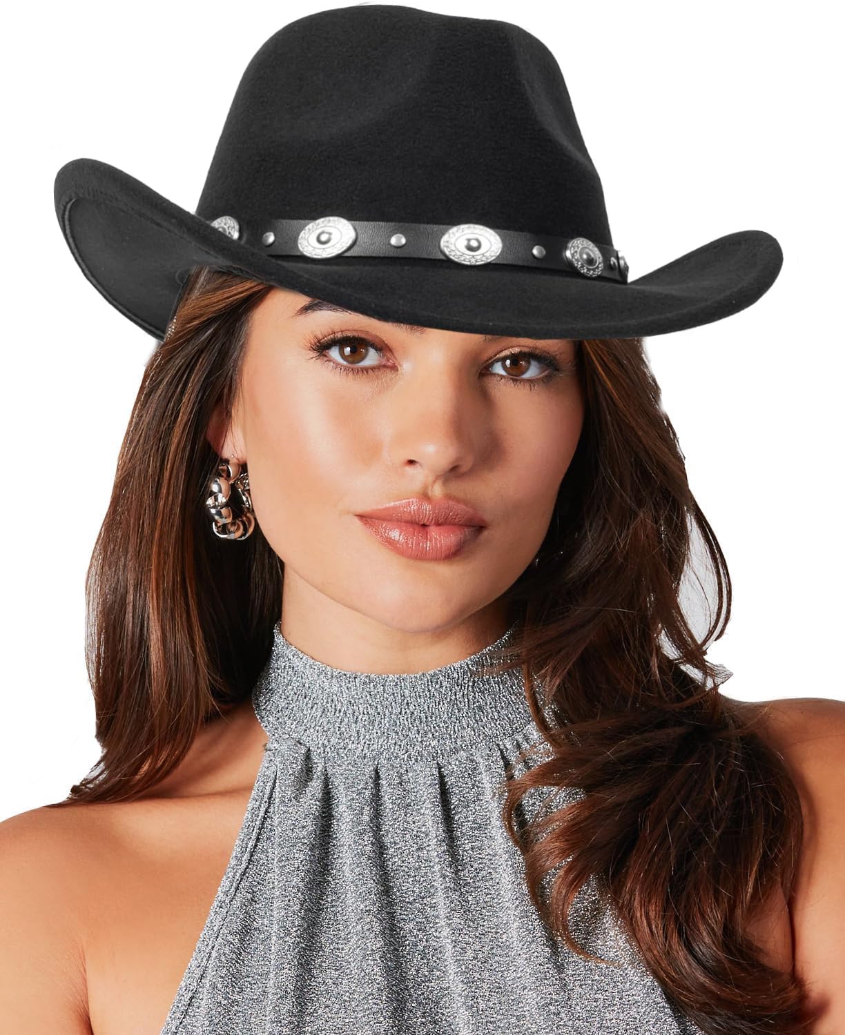 Classic Western-Cowboy-Hat for Women and Men - Wide Brim Roll Up Fedora-Hat Felt Cowboy Cowgirl Hat Fit for M-L (US, Numeric, 7, Black-3)