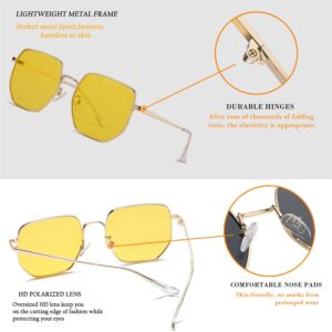 HJSTES Large Hexagonal Polarized Sunglasses Womens Men Trendy Square Mirrored Lens UV Protection(Gold/Yellow)