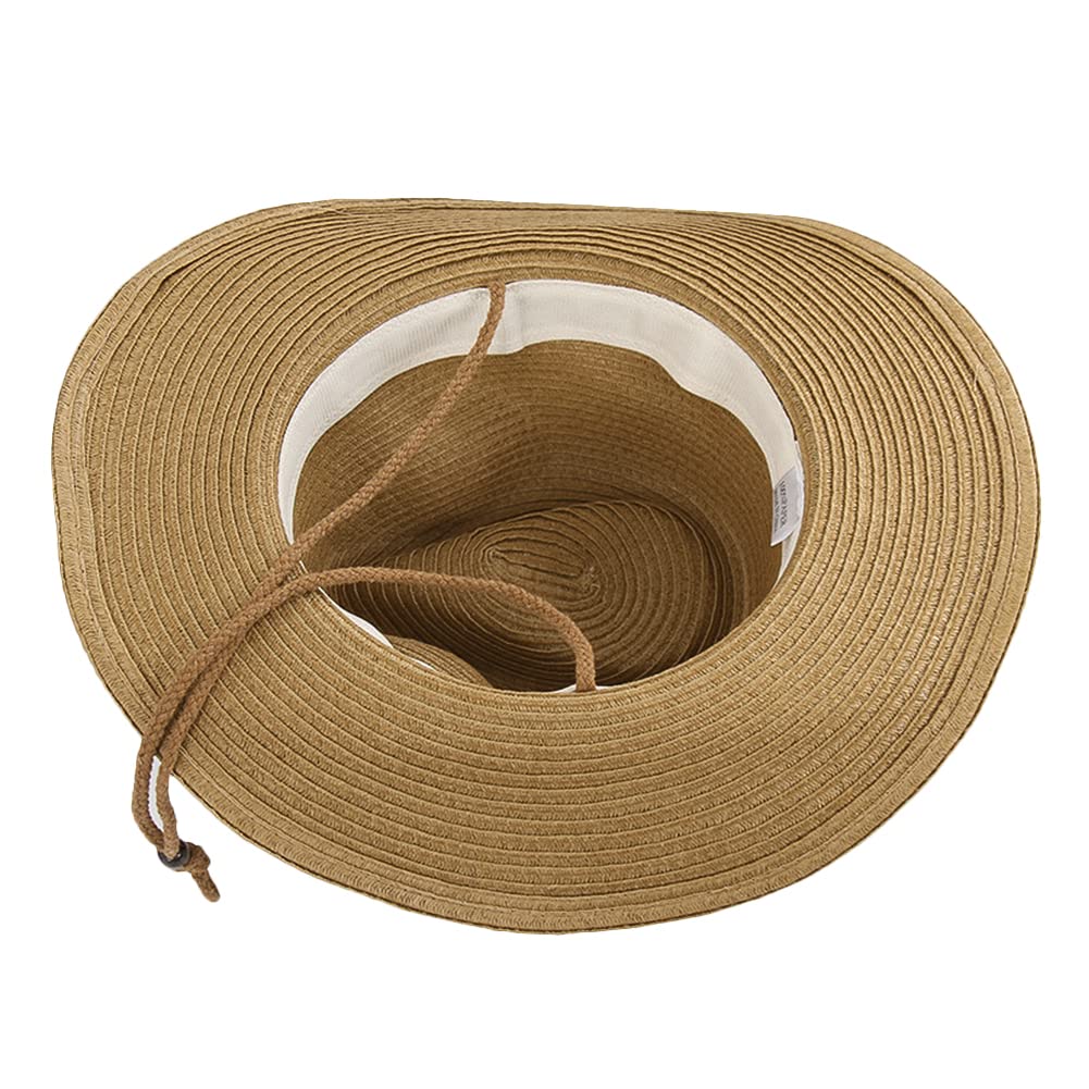 Straw Cowboy Hat for Men Women Beach Sun Hat Wide Brim Panama Fedora Hat Outdoor Foldable Summer Straw Hat Western Style (Khaki)