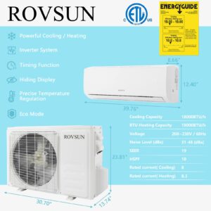 ROVSUN 18,000 BTU Ductless Mini Split AC/Heating System, 230V / 19 SEER Split-System Wall Air Conditioner Pre-Charged Inverter Heat Pump with 16ft Installation Kit (1 set)