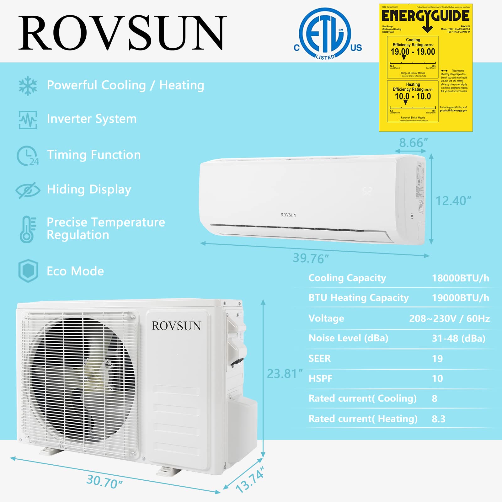 ROVSUN 18,000 BTU Ductless Mini Split AC/Heating System, 230V / 19 SEER Split-System Wall Air Conditioner Pre-Charged Inverter Heat Pump with 16ft Installation Kit (1 set)