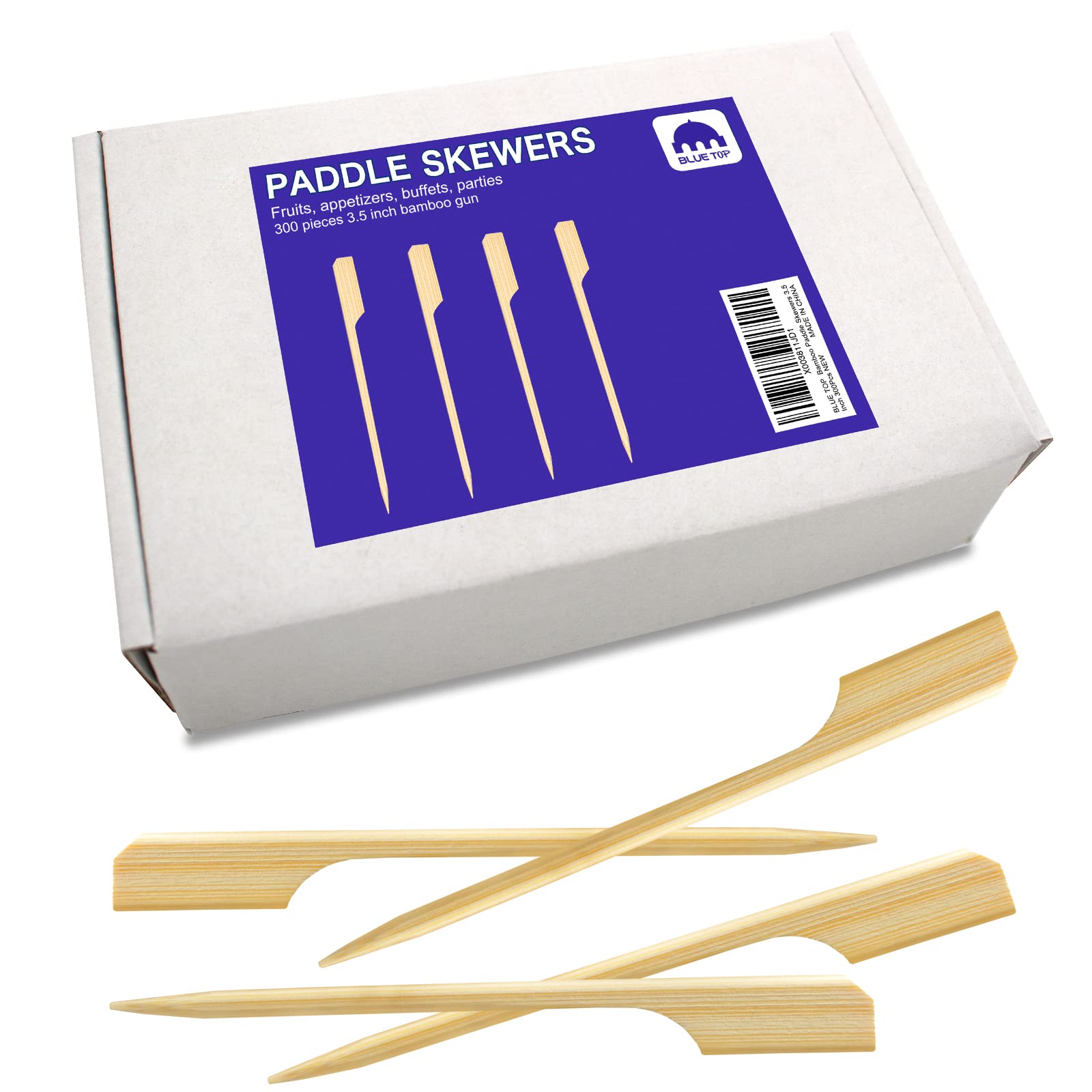 BLUE TOP 300Pcs Bamboo Paddle Picks, 3.5 Inch Sturdy Flat Skewers Food Appetizer Toothpicks for for Fruit, Grilling, Drink, BBQ, Barbecue, Yakitori Chicken, Fondue, Roasting,Cocktail, Marshmallow