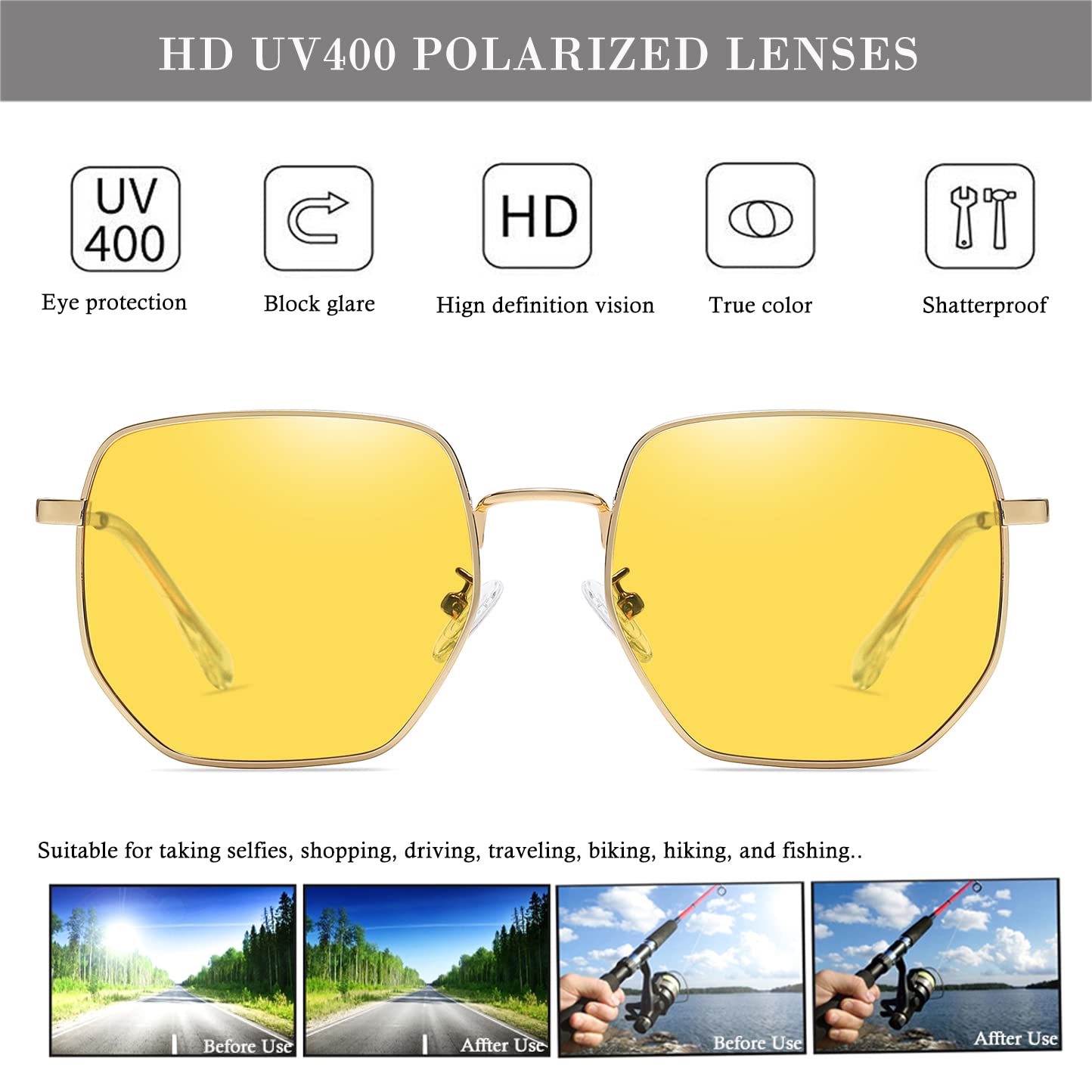 HJSTES Large Hexagonal Polarized Sunglasses Womens Men Trendy Square Mirrored Lens UV Protection(Gold/Yellow)