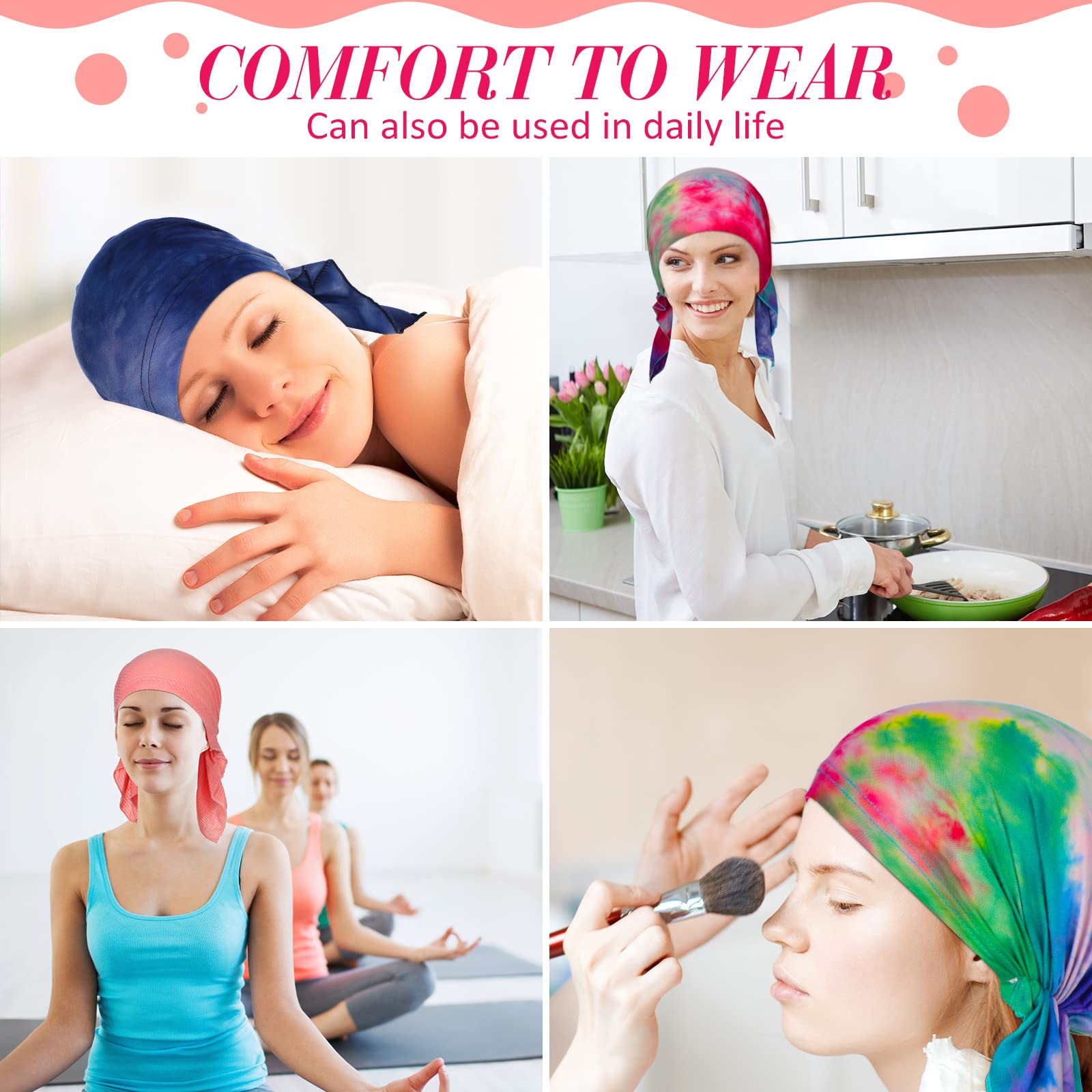 Geyoga 6 Pcs Women Head Scarf Pre-Tied Beanies Covers Cap Stretch Print Sleep Turban Hat with Ruffle (Elegant)