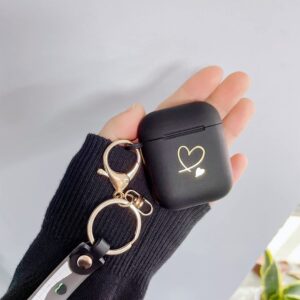 Ownest Compatible with AirPods Case Soft TPU with Gold Heart Pattern Cute Fruit Flowers Keychain Shockproof Cover Case for Girls Woman Airpods 2 &1-Black