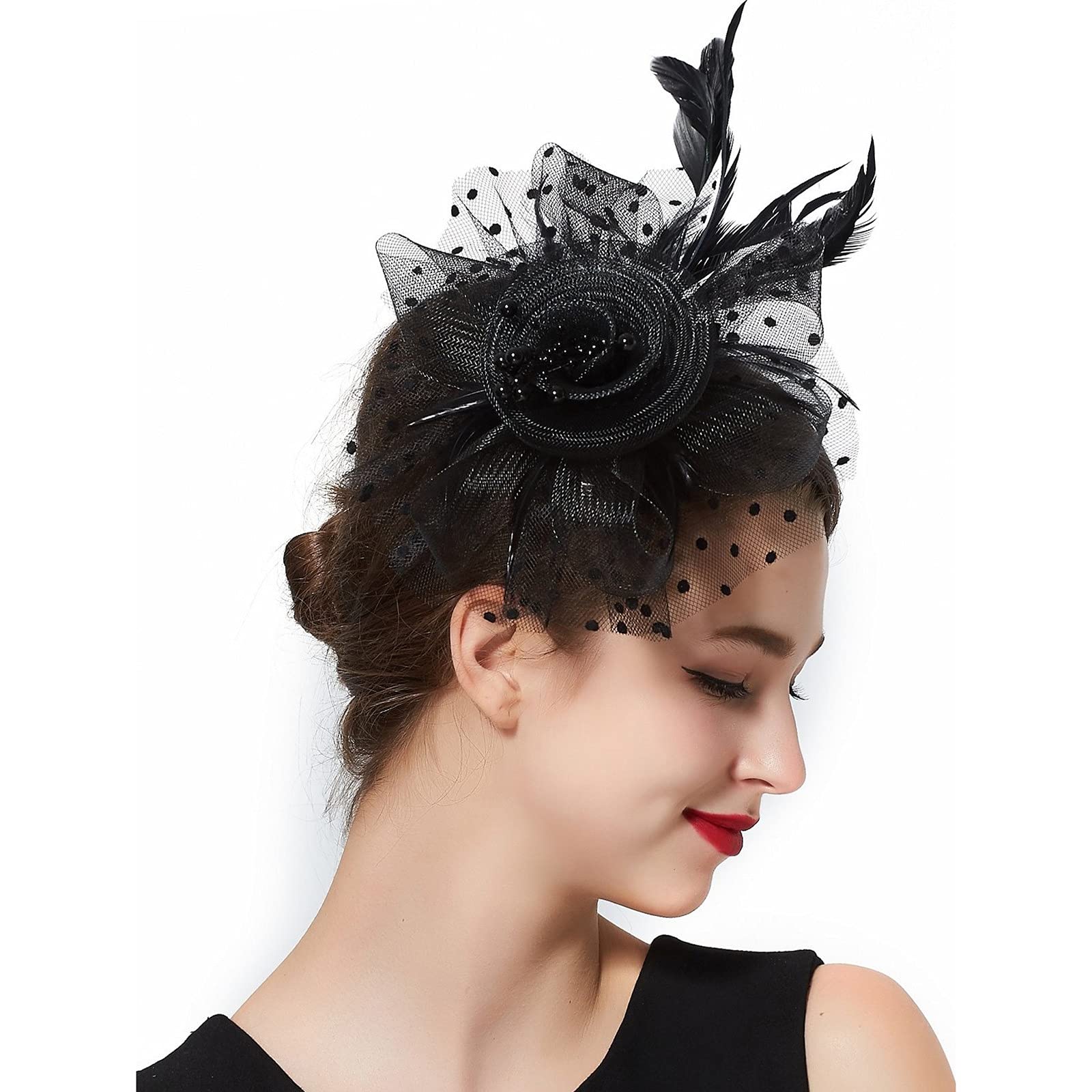 Bniksok Black Fascinator Hat for Women Tea Party Headpiece Horse Race Organza Headband Hair Clip Church Hat for Cocktail Wedding Halloween