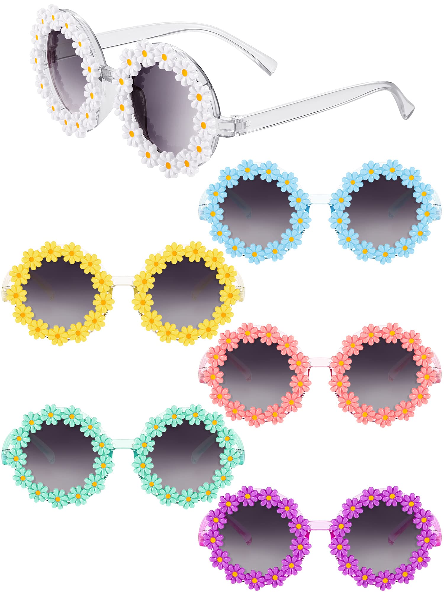 Dunzy 6 Pack Daisy Flower Sunglasses for Women Retro Hippie Round Glasses 70s Disco Groovy Sunglasses for Party Costume Accessories, 6 Colors