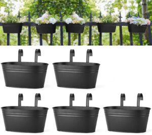 dahey metal iron hanging flower pots for railing fence outdoor planter hanging bucket pots countryside style window flower plant holder with detachable hooks home decor,black,5 pcs