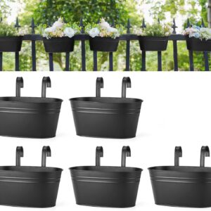 Dahey Metal Iron Hanging Flower Pots for Railing Fence Outdoor Planter Hanging Bucket Pots Countryside Style Window Flower Plant Holder with Detachable Hooks Home Decor,Black,5 Pcs