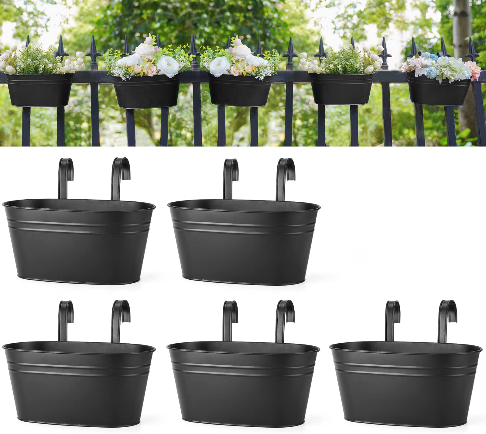 Dahey Metal Iron Hanging Flower Pots for Railing Fence Outdoor Planter Hanging Bucket Pots Countryside Style Window Flower Plant Holder with Detachable Hooks Home Decor,Black,5 Pcs