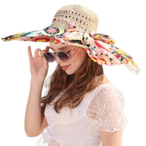 PENINSULA LOVE Summer Anti-UV Wide Brim Beach Hats Women Flower Floppy Foldable Roll up Cap Beige