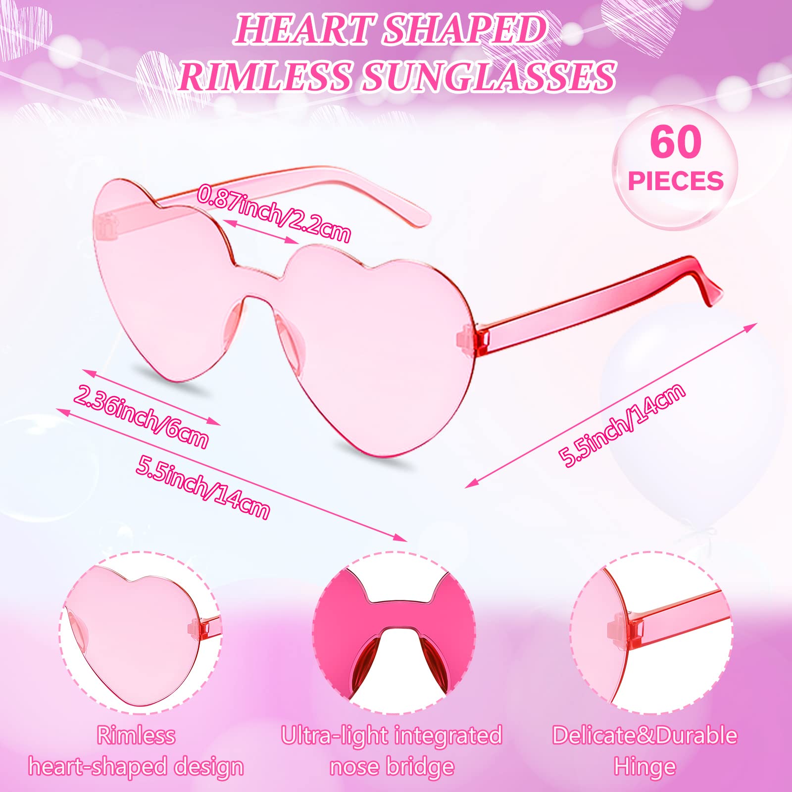 60 Pairs Heart Sunglasses Pink Heart Shaped Rimless Sunglasses Transparent Heart Frameless Glasses Candy Color Heart Sunglasses for Party Favor Cosplay