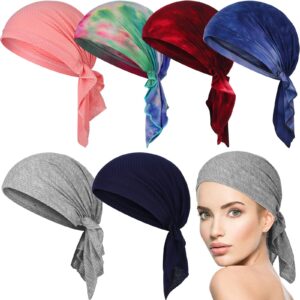 Geyoga 6 Pcs Women Head Scarf Pre-Tied Beanies Covers Cap Stretch Print Sleep Turban Hat with Ruffle (Elegant)