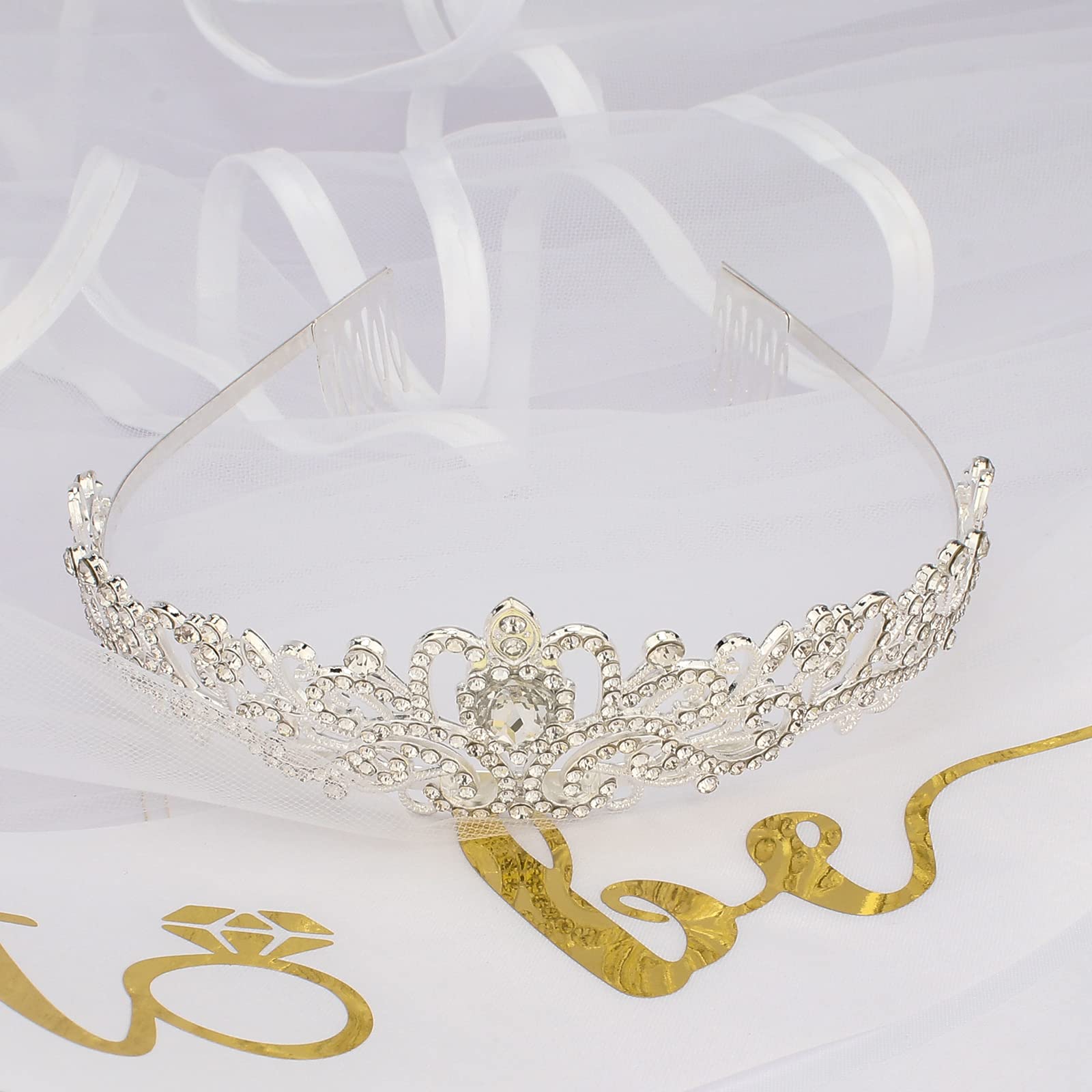 CIEHER Crystal Crown + Bride To Be Sash + Veil Set, Bachelorette Party Bridal Shower Decorations Bride To Be Gifts Wedding Veil Tiara Bachelorette Veil Bridal Shower for Bride Sash Bachelorette Sash