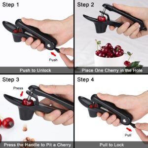 Firjuty Cherry Pitter - Heavy-Duty Olive and Cherry Pitters Corer Tool with Space-Saving Lock Design, Multi-Function Cherries Stoner Seed Remover Tool for Making Cherry Jam (Black)