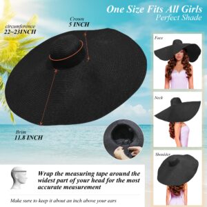 Oversized Sun Straw Hat for Women, UPF 50+ Floppy Wide Brim Summer Hat, Foldable Roll Up Travel Hat (Black, 11.8 Inches Brim Width)