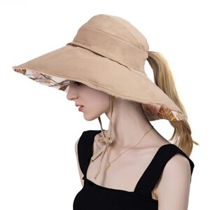 Koreshion Women Ponytail Sun Hat Reversible Fishing Hat Foldable Bowknot Summer Hat UPF 50+ Beach Cap Wide Brim Bucket Hat Khaki